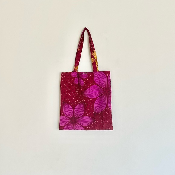 CARE Africa Floral Print Hand Made Fair Trade Red Fuchsia Yellow Cloth Tote Bag - Picture 4 of 7